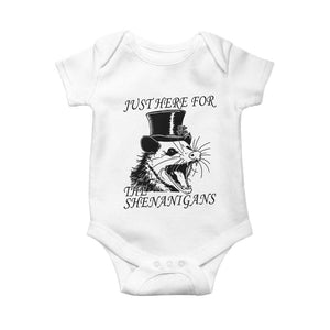 Funny St Patrick's Day Opossum Baby Onesie Just Here For The Shenanigans Shamrock TS11 White Print Your Wear