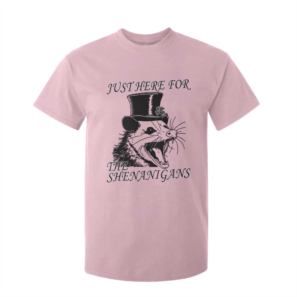 Funny St Patrick's Day Opossum T Shirt For Kid Just Here For The Shenanigans Shamrock TS11 Light Pink Print Your Wear
