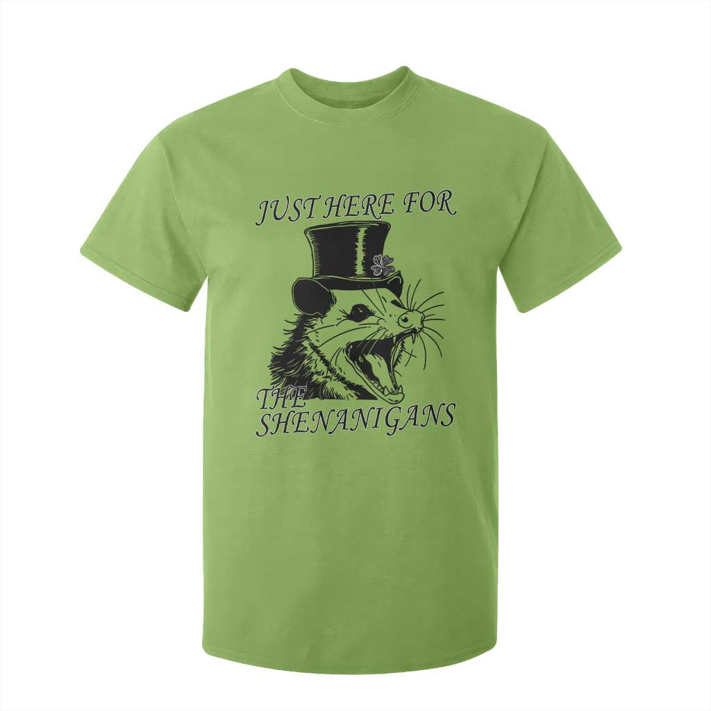 Funny St Patrick's Day Opossum T Shirt For Kid Just Here For The Shenanigans Shamrock TS11 Lime Print Your Wear