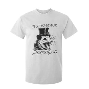 Funny St Patrick's Day Opossum T Shirt For Kid Just Here For The Shenanigans Shamrock TS11 White Print Your Wear