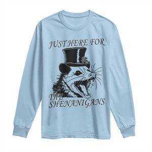 Funny St Patrick's Day Opossum Long Sleeve Shirt Just Here For The Shenanigans Shamrock TS11 Light Blue Print Your Wear