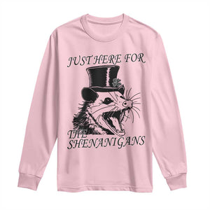 Funny St Patrick's Day Opossum Long Sleeve Shirt Just Here For The Shenanigans Shamrock TS11 Light Pink Print Your Wear