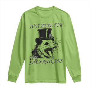 Funny St Patrick's Day Opossum Long Sleeve Shirt Just Here For The Shenanigans Shamrock TS11 Lime Print Your Wear