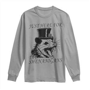 Funny St Patrick's Day Opossum Long Sleeve Shirt Just Here For The Shenanigans Shamrock TS11 Sport Gray Print Your Wear