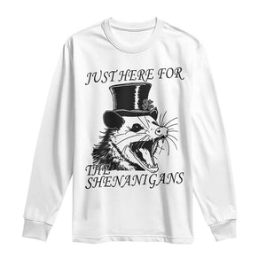 Funny St Patrick's Day Opossum Long Sleeve Shirt Just Here For The Shenanigans Shamrock TS11 White Print Your Wear