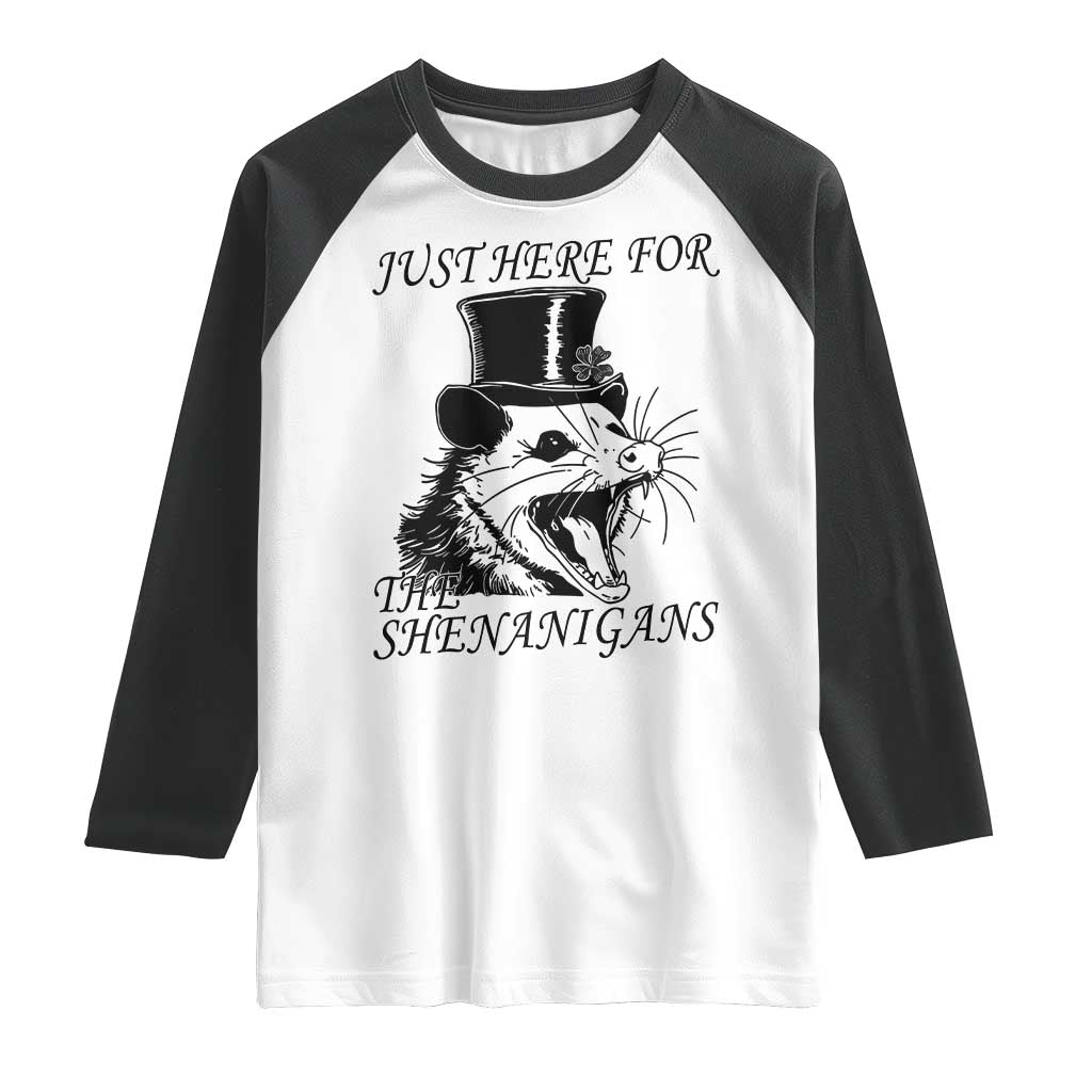Funny St Patrick's Day Opossum Raglan Shirt Just Here For The Shenanigans Shamrock TS11 White Black Print Your Wear