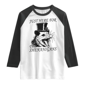 Funny St Patrick's Day Opossum Raglan Shirt Just Here For The Shenanigans Shamrock TS11 White Black Print Your Wear