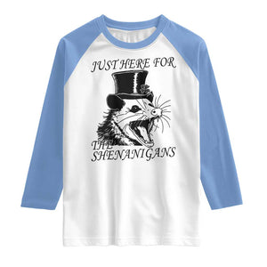 Funny St Patrick's Day Opossum Raglan Shirt Just Here For The Shenanigans Shamrock TS11 White Carolina Blue Print Your Wear