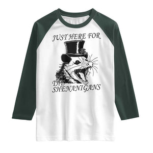 Funny St Patrick's Day Opossum Raglan Shirt Just Here For The Shenanigans Shamrock TS11 White Dark Forest Green Print Your Wear