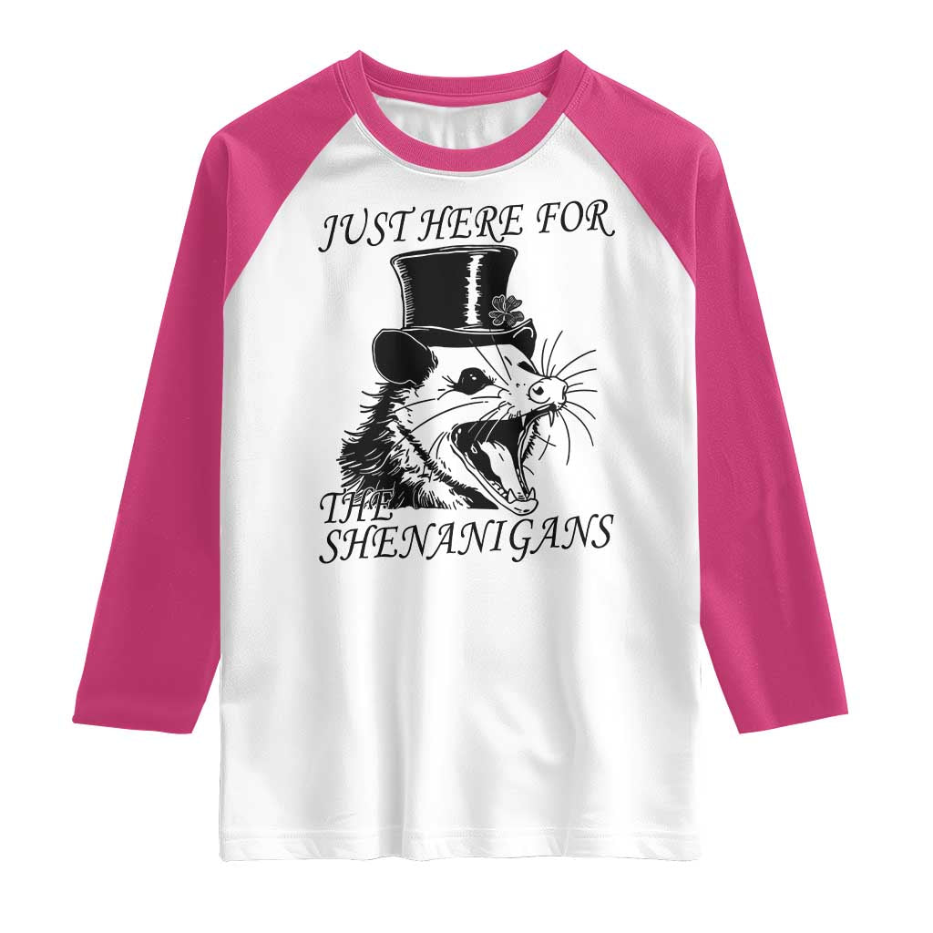 Funny St Patrick's Day Opossum Raglan Shirt Just Here For The Shenanigans Shamrock TS11 White Heliconia Print Your Wear