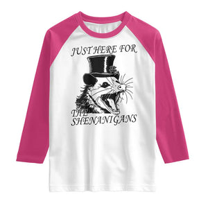 Funny St Patrick's Day Opossum Raglan Shirt Just Here For The Shenanigans Shamrock TS11 White Heliconia Print Your Wear