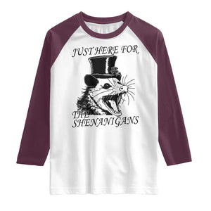 Funny St Patrick's Day Opossum Raglan Shirt Just Here For The Shenanigans Shamrock TS11 White Maroon Print Your Wear