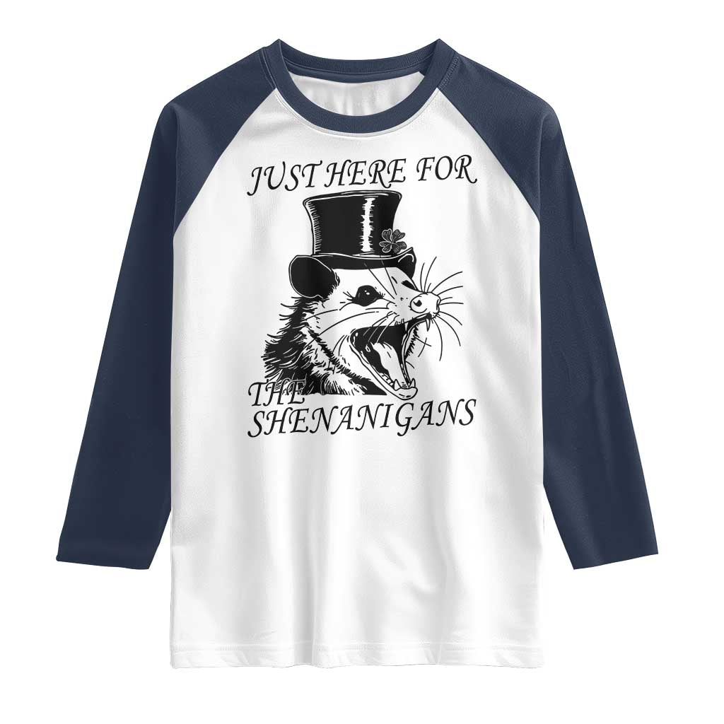 Funny St Patrick's Day Opossum Raglan Shirt Just Here For The Shenanigans Shamrock TS11 White Navy Print Your Wear