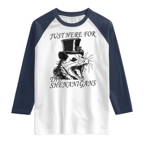 Funny St Patrick's Day Opossum Raglan Shirt Just Here For The Shenanigans Shamrock TS11 White Navy Print Your Wear