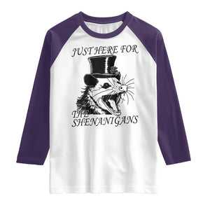 Funny St Patrick's Day Opossum Raglan Shirt Just Here For The Shenanigans Shamrock TS11 White Purple Print Your Wear