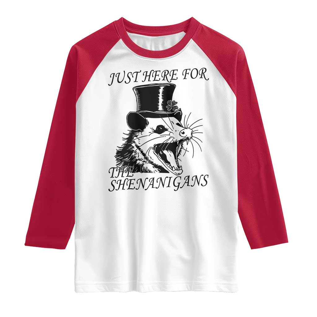 Funny St Patrick's Day Opossum Raglan Shirt Just Here For The Shenanigans Shamrock TS11 White Red Print Your Wear