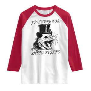 Funny St Patrick's Day Opossum Raglan Shirt Just Here For The Shenanigans Shamrock TS11 White Red Print Your Wear