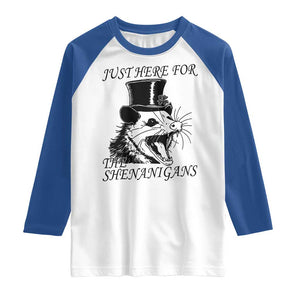Funny St Patrick's Day Opossum Raglan Shirt Just Here For The Shenanigans Shamrock TS11 White Royal Print Your Wear
