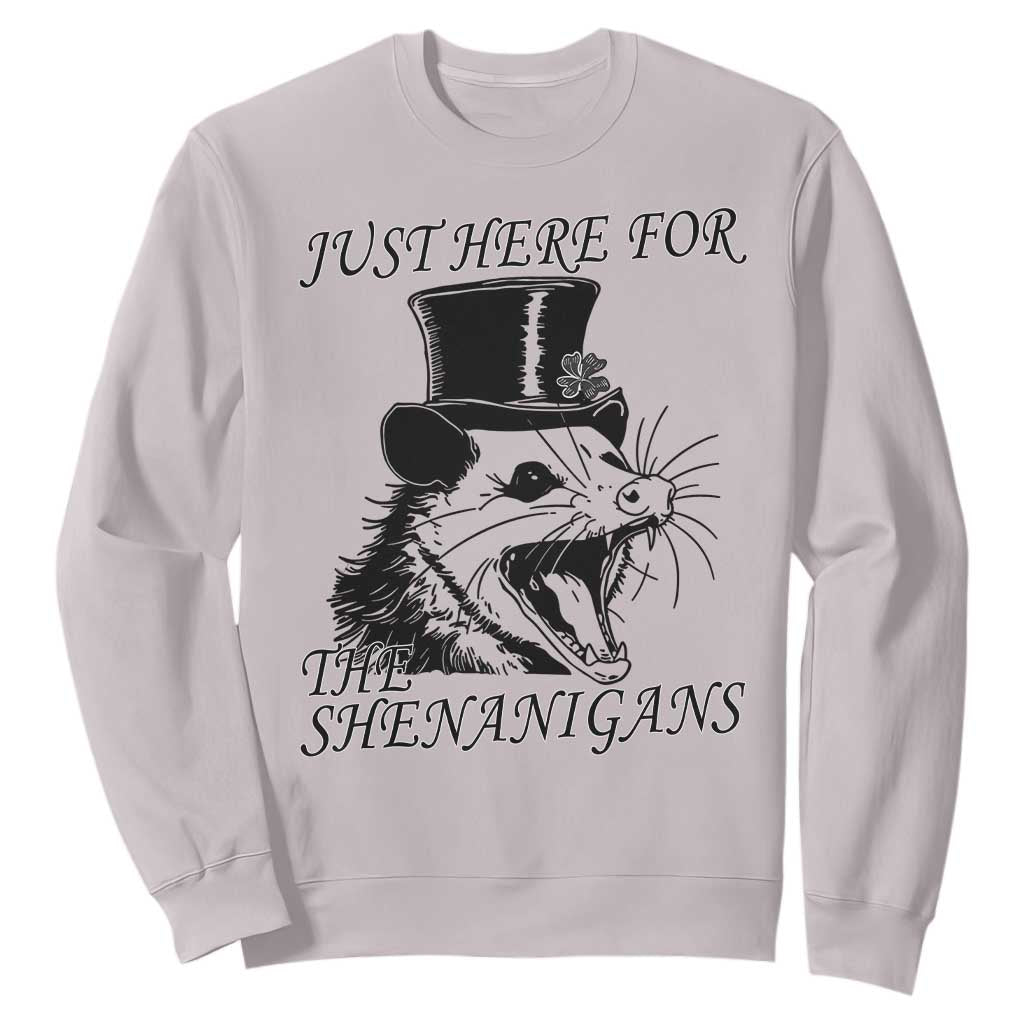 Funny St Patrick's Day Opossum Sweatshirt Just Here For The Shenanigans Shamrock TS11 Ice Gray Print Your Wear