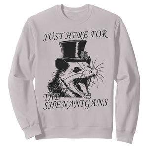 Funny St Patrick's Day Opossum Sweatshirt Just Here For The Shenanigans Shamrock TS11 Ice Gray Print Your Wear