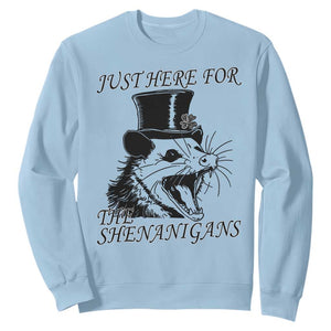 Funny St Patrick's Day Opossum Sweatshirt Just Here For The Shenanigans Shamrock TS11 Light Blue Print Your Wear