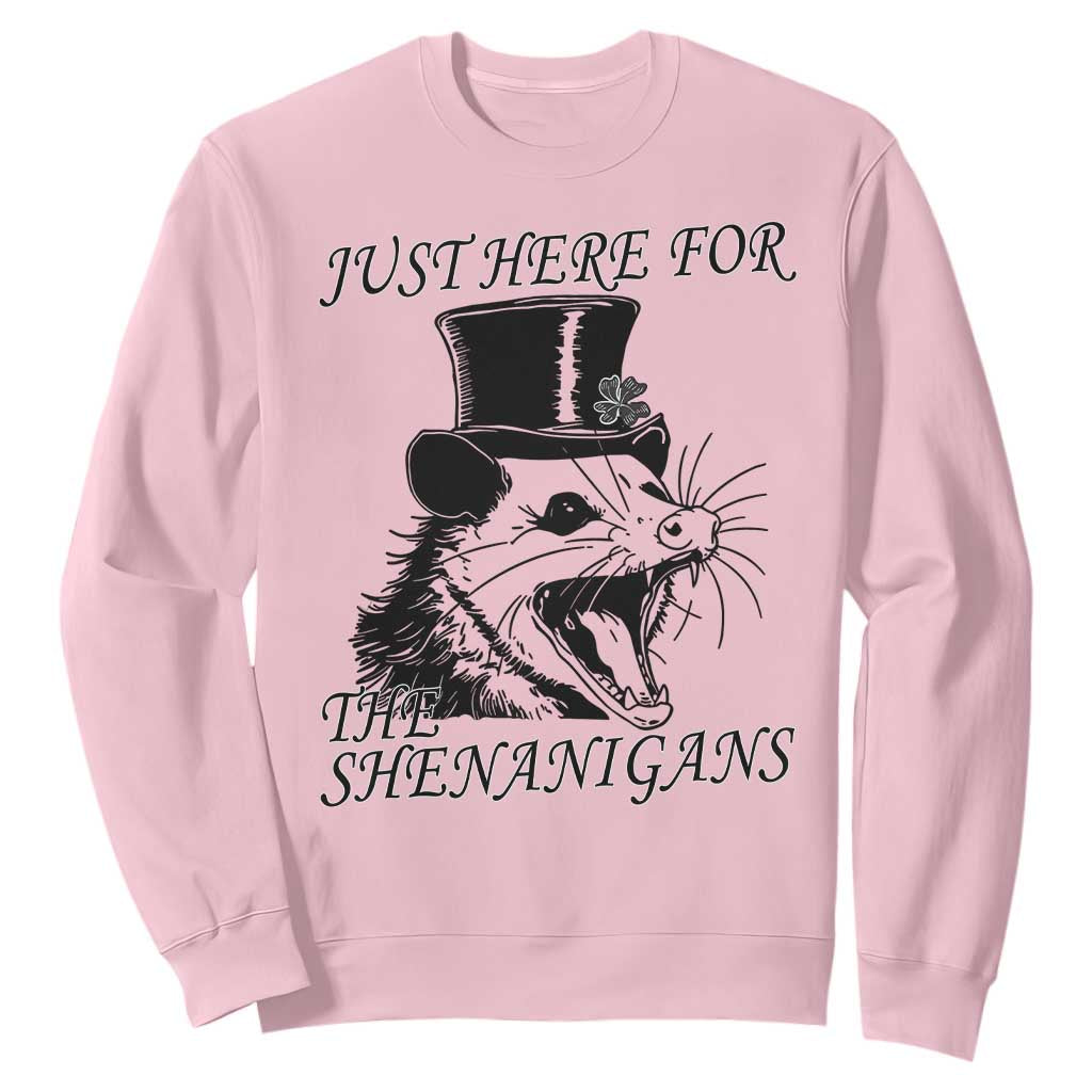 Funny St Patrick's Day Opossum Sweatshirt Just Here For The Shenanigans Shamrock TS11 Light Pink Print Your Wear