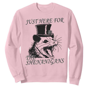Funny St Patrick's Day Opossum Sweatshirt Just Here For The Shenanigans Shamrock TS11 Light Pink Print Your Wear