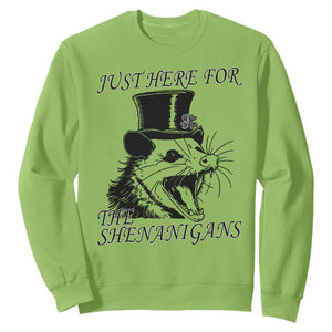 Funny St Patrick's Day Opossum Sweatshirt Just Here For The Shenanigans Shamrock TS11 Lime Print Your Wear