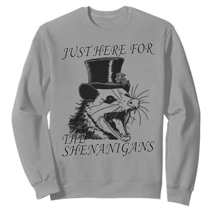 Funny St Patrick's Day Opossum Sweatshirt Just Here For The Shenanigans Shamrock TS11 Sport Gray Print Your Wear