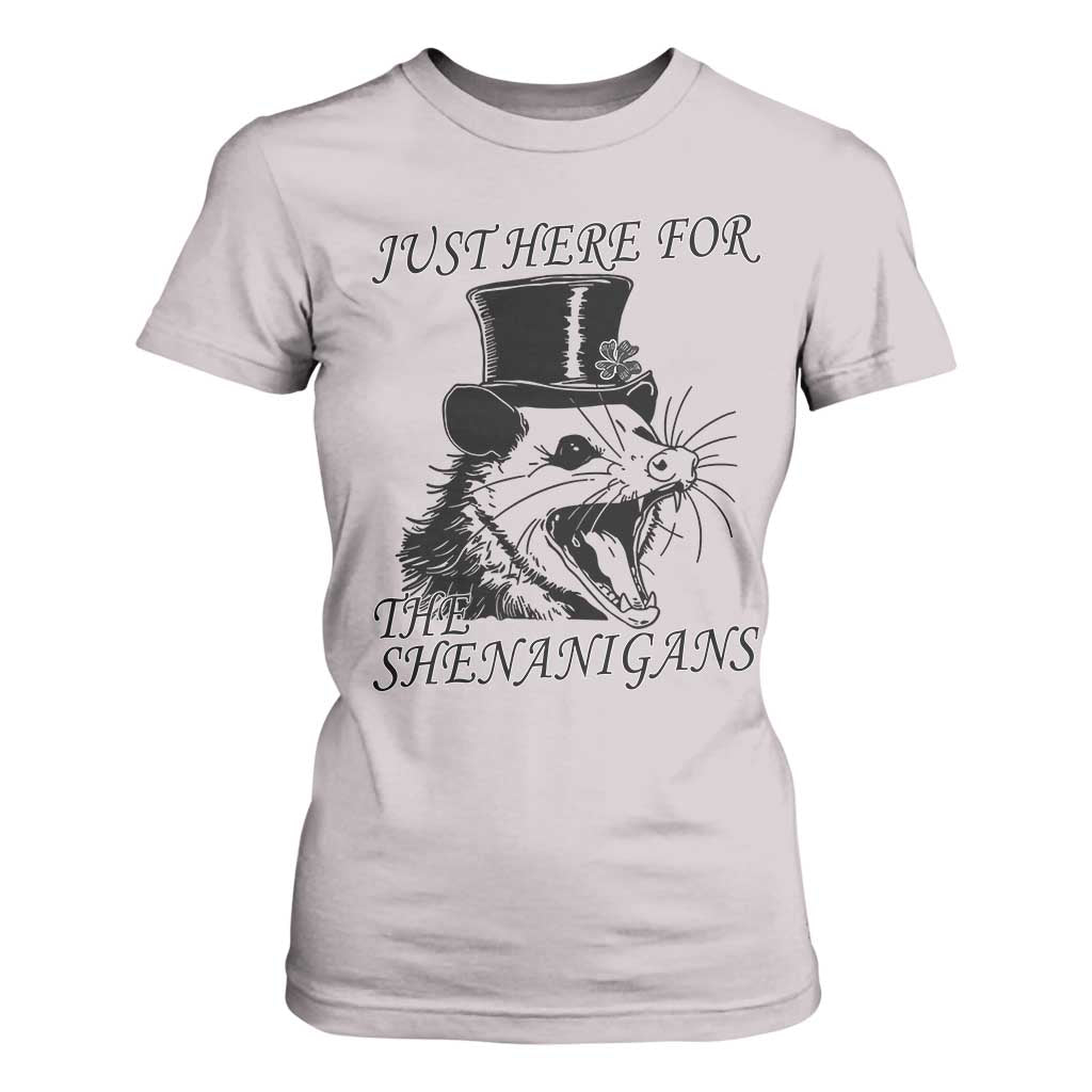 Funny St Patrick's Day Opossum T Shirt For Women Just Here For The Shenanigans Shamrock TS11 Ice Gray Print Your Wear