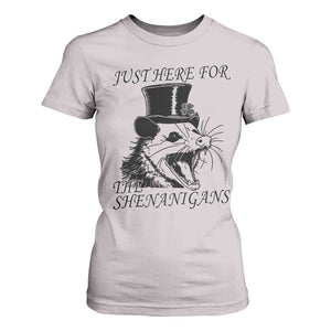 Funny St Patrick's Day Opossum T Shirt For Women Just Here For The Shenanigans Shamrock TS11 Ice Gray Print Your Wear
