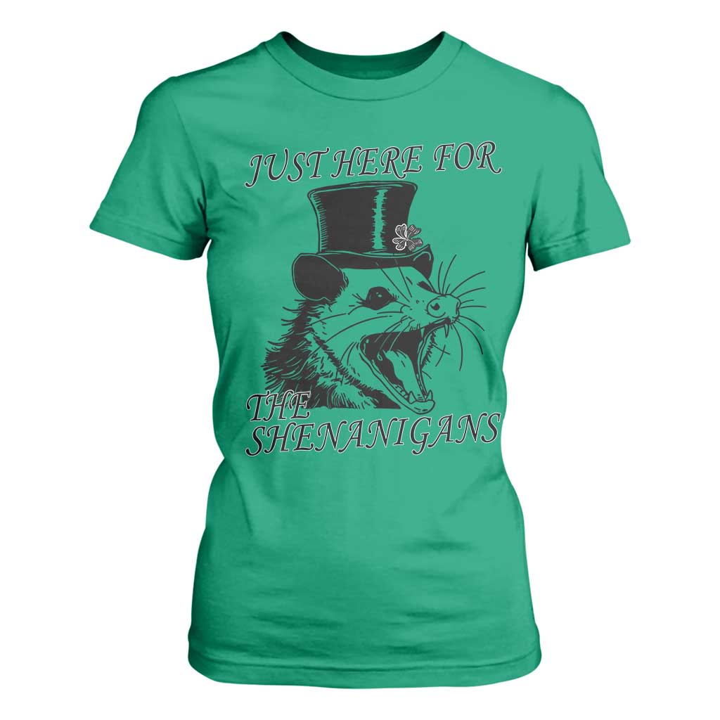 Funny St Patrick's Day Opossum T Shirt For Women Just Here For The Shenanigans Shamrock TS11 Irish Green Print Your Wear