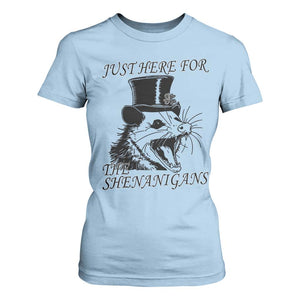 Funny St Patrick's Day Opossum T Shirt For Women Just Here For The Shenanigans Shamrock TS11 Light Blue Print Your Wear