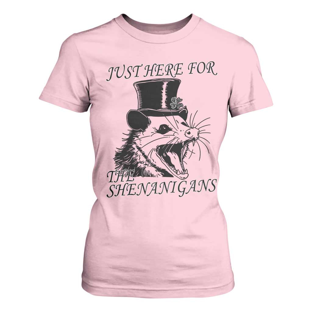 Funny St Patrick's Day Opossum T Shirt For Women Just Here For The Shenanigans Shamrock TS11 Light Pink Print Your Wear