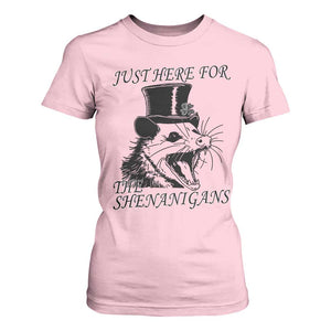 Funny St Patrick's Day Opossum T Shirt For Women Just Here For The Shenanigans Shamrock TS11 Light Pink Print Your Wear