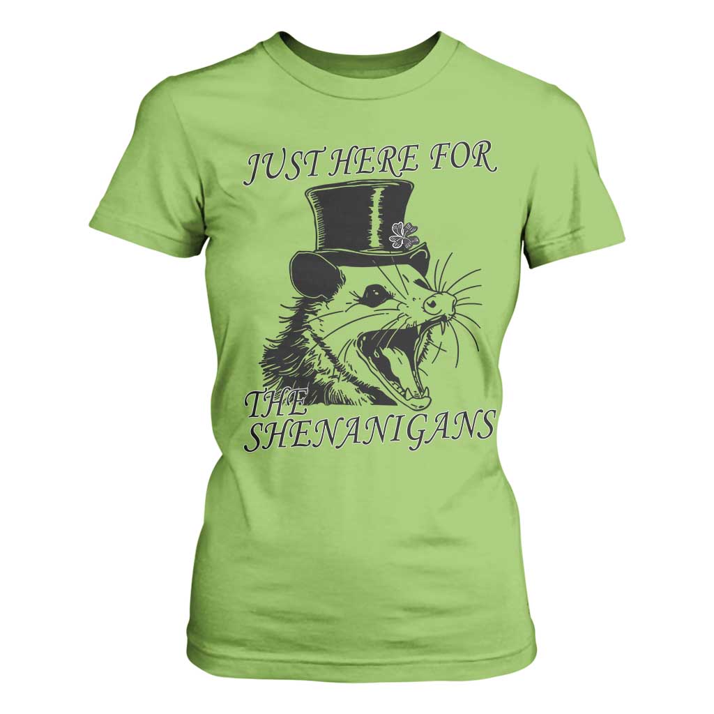 Funny St Patrick's Day Opossum T Shirt For Women Just Here For The Shenanigans Shamrock TS11 Lime Print Your Wear