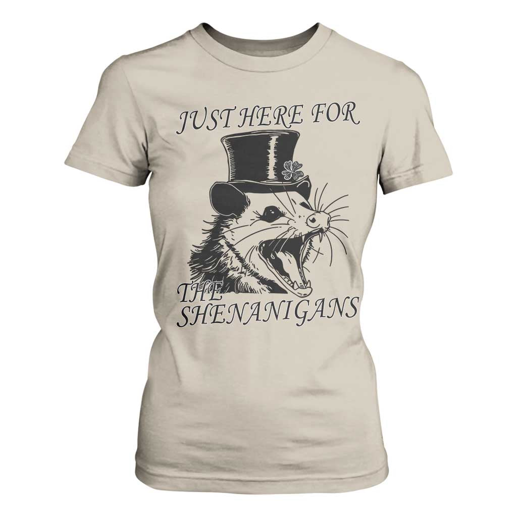 Funny St Patrick's Day Opossum T Shirt For Women Just Here For The Shenanigans Shamrock TS11 Sand Print Your Wear