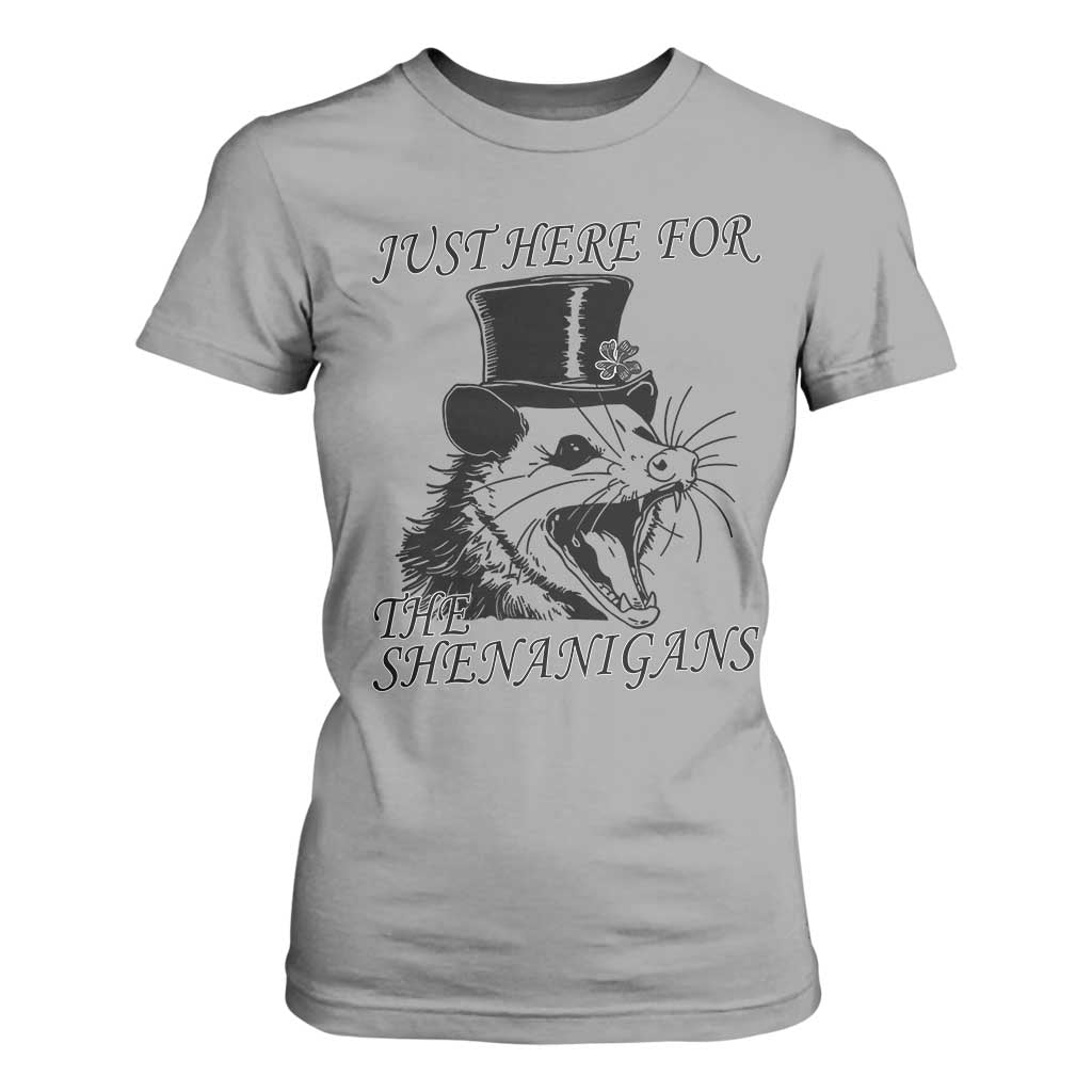 Funny St Patrick's Day Opossum T Shirt For Women Just Here For The Shenanigans Shamrock TS11 Sport Gray Print Your Wear