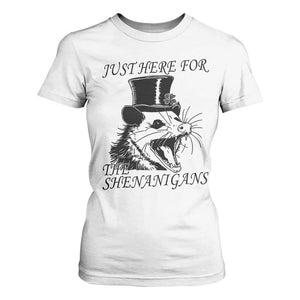 Funny St Patrick's Day Opossum T Shirt For Women Just Here For The Shenanigans Shamrock TS11 White Print Your Wear