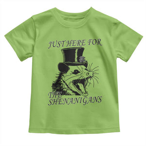 Funny St Patrick's Day Opossum Toddler T Shirt Just Here For The Shenanigans Shamrock TS11 Lime Print Your Wear