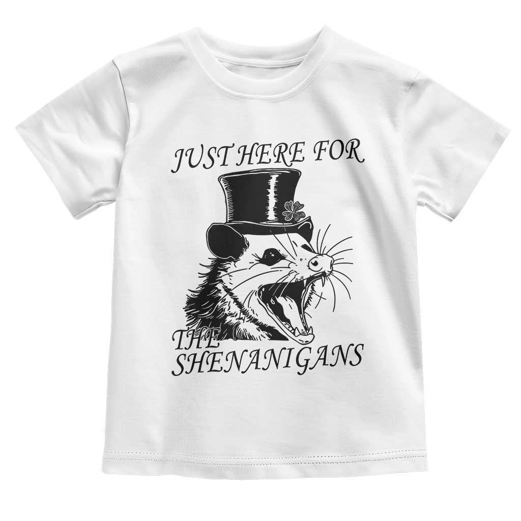 Funny St Patrick's Day Opossum Toddler T Shirt Just Here For The Shenanigans Shamrock TS11 White Print Your Wear