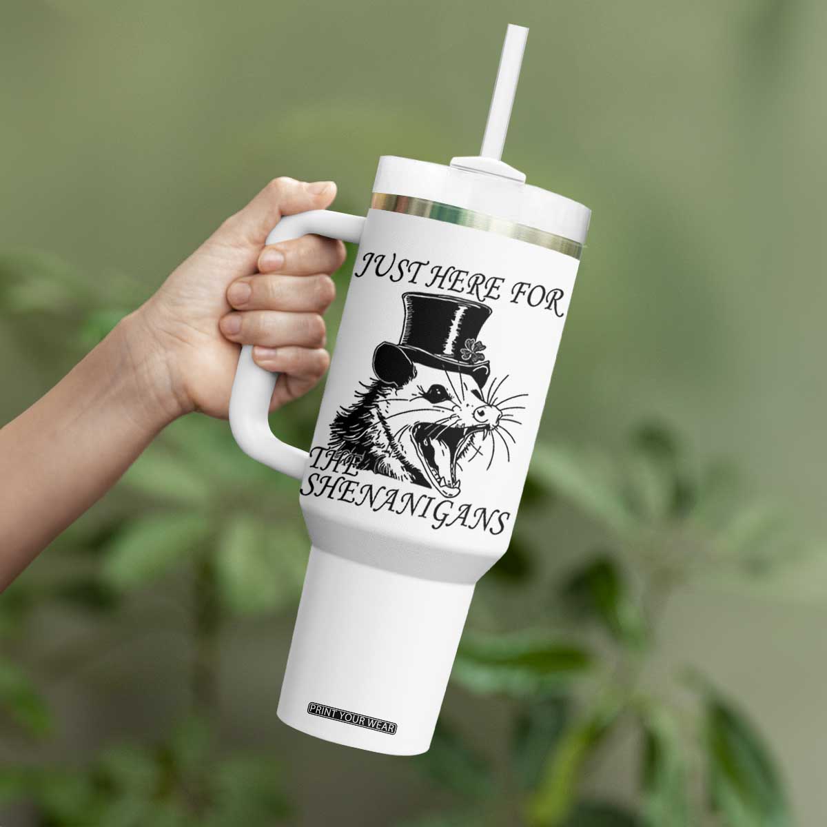 Funny St Patrick's Day Opossum Tumbler With Handle Just Here For The Shenanigans Shamrock TS11 Print Your Wear