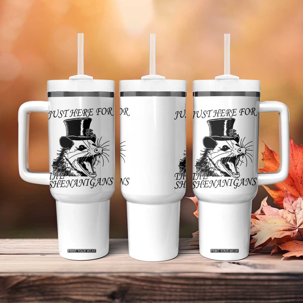 Funny St Patrick's Day Opossum Tumbler With Handle Just Here For The Shenanigans Shamrock TS11 Print Your Wear