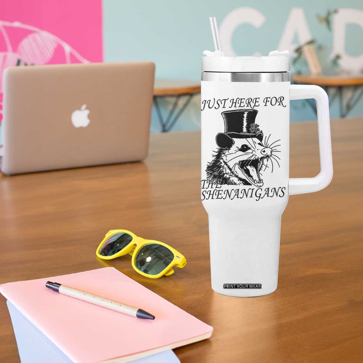Funny St Patrick's Day Opossum Tumbler With Handle Just Here For The Shenanigans Shamrock TS11 Print Your Wear