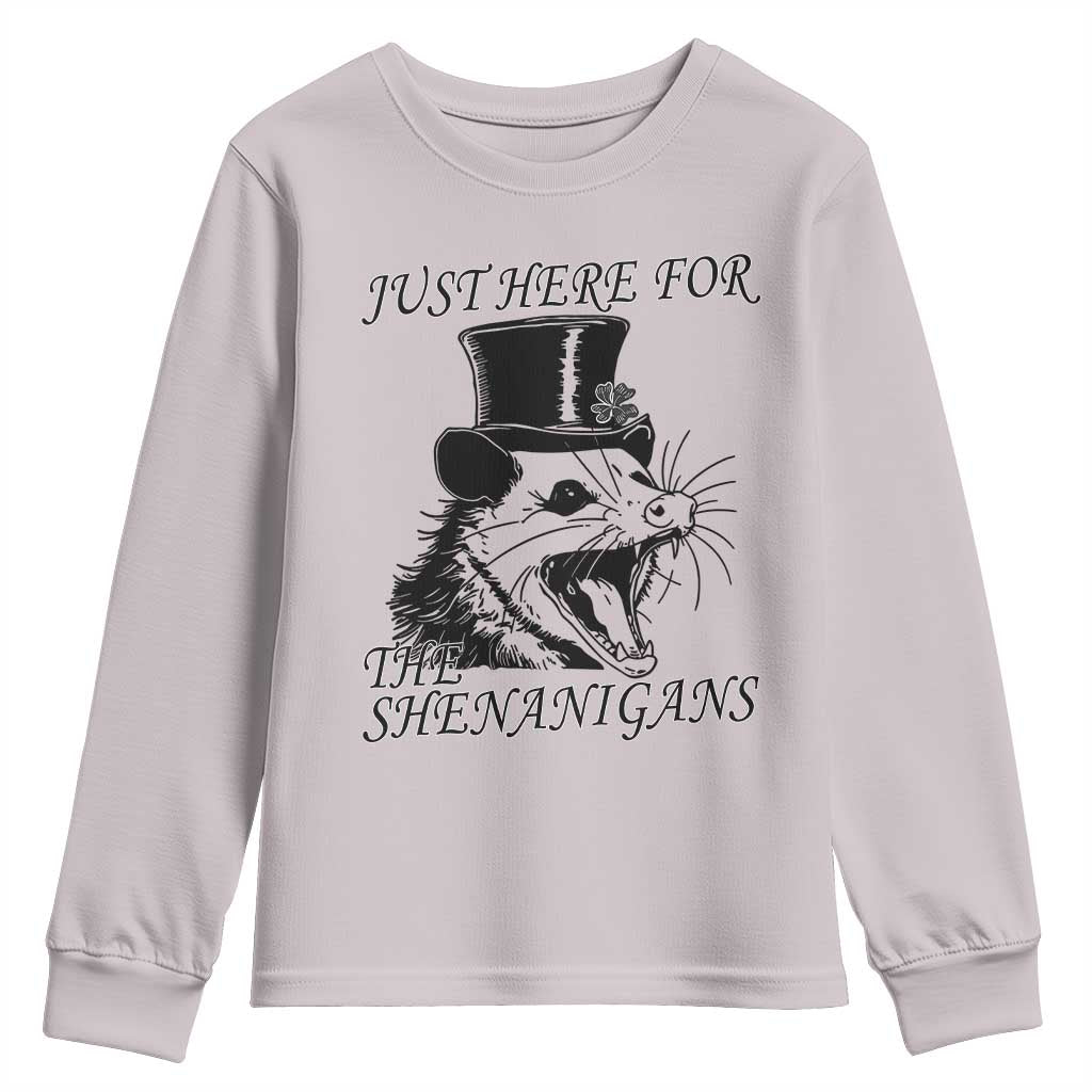 Funny St Patrick's Day Opossum Youth Sweatshirt Just Here For The Shenanigans Shamrock TS11 Ice Gray Print Your Wear