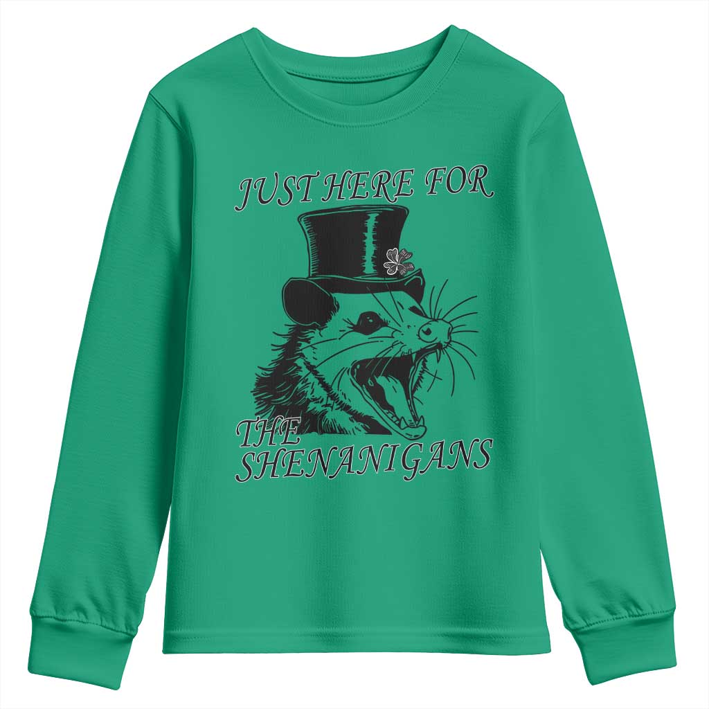 Funny St Patrick's Day Opossum Youth Sweatshirt Just Here For The Shenanigans Shamrock TS11 Irish Green Print Your Wear