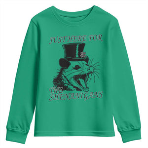 Funny St Patrick's Day Opossum Youth Sweatshirt Just Here For The Shenanigans Shamrock TS11 Irish Green Print Your Wear