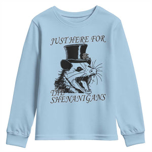 Funny St Patrick's Day Opossum Youth Sweatshirt Just Here For The Shenanigans Shamrock TS11 Light Blue Print Your Wear