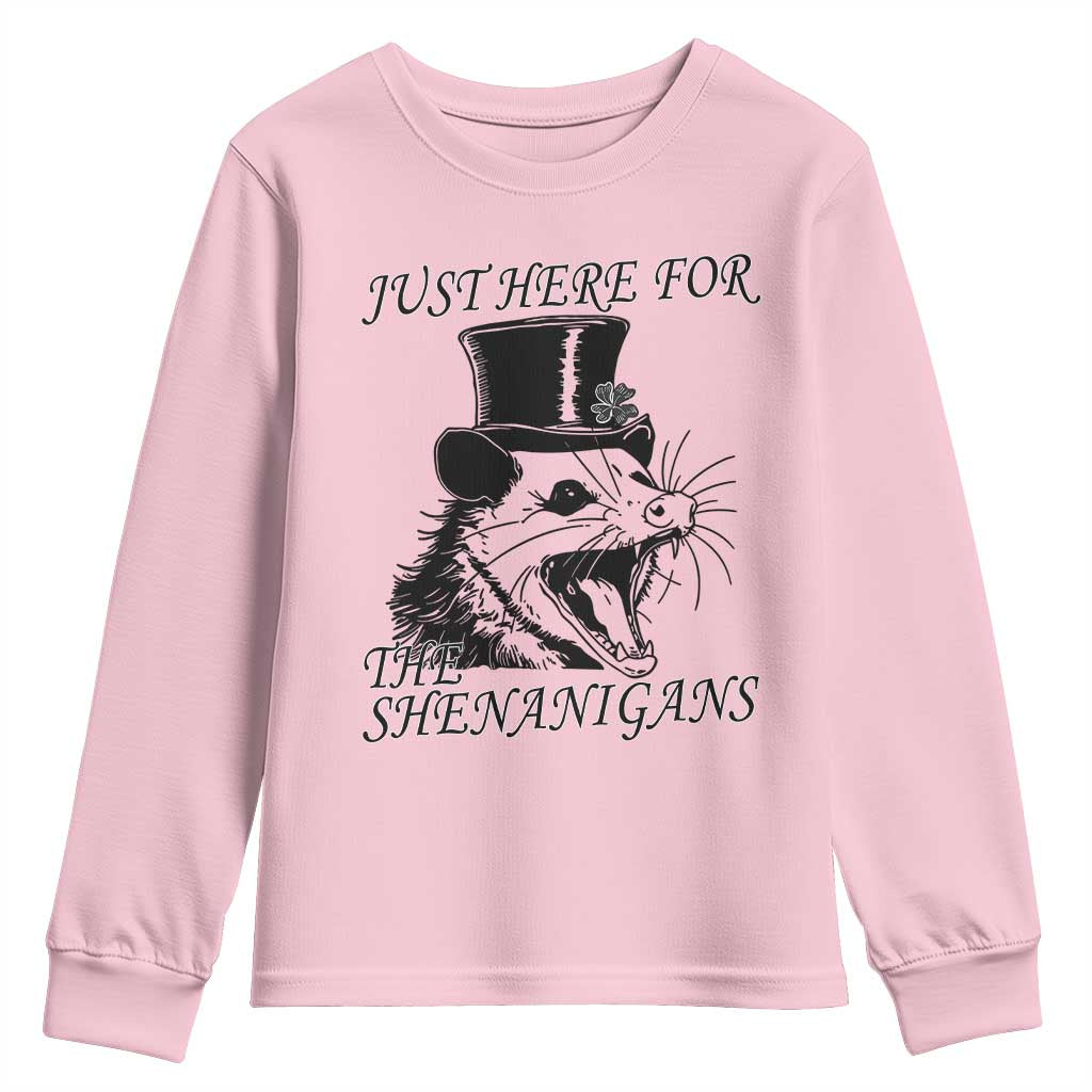 Funny St Patrick's Day Opossum Youth Sweatshirt Just Here For The Shenanigans Shamrock TS11 Light Pink Print Your Wear