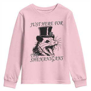 Funny St Patrick's Day Opossum Youth Sweatshirt Just Here For The Shenanigans Shamrock TS11 Light Pink Print Your Wear